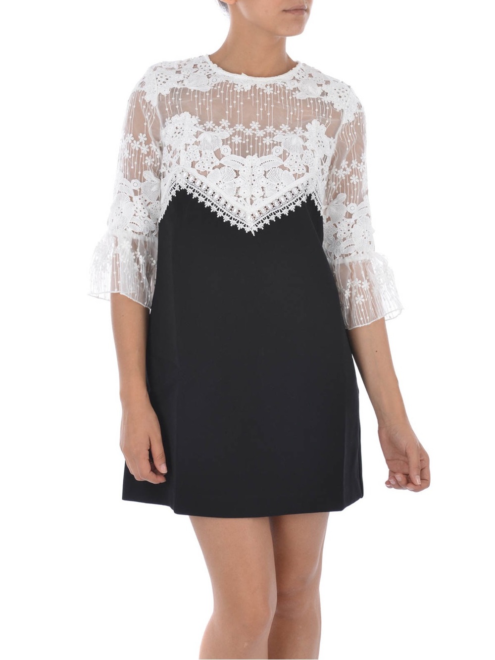 EUC Self-Portrait Embroidered Lace and Crepe Mini Dress Black/White Size 4